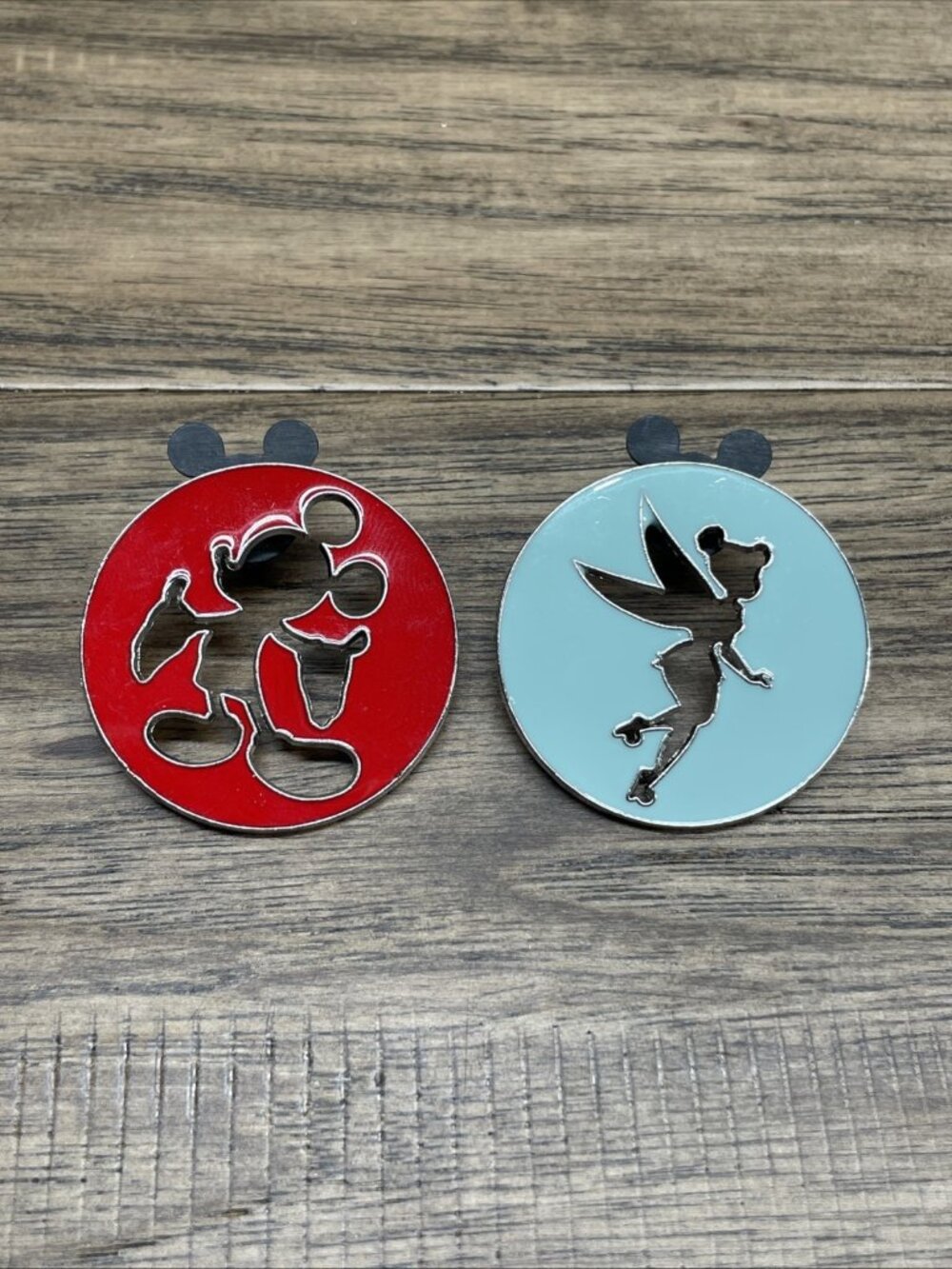 Lot Of 2 Disney Cut Out Trading Pin Mickey Mouse Tinkerbell KG JD